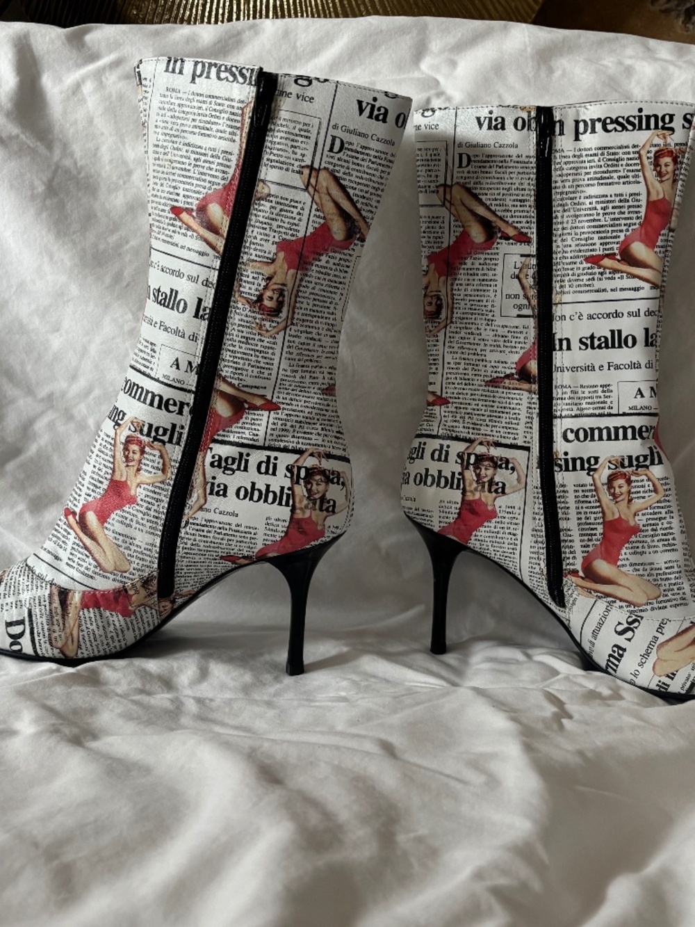 Leather Boots with Newsprint Pattern